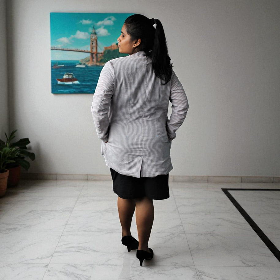 Hand Block Print Cotton Cloud Grey & White Stripe Blazer