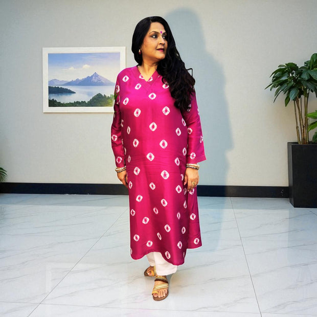 Plum Purple Bandhej Womens Silk Kurta