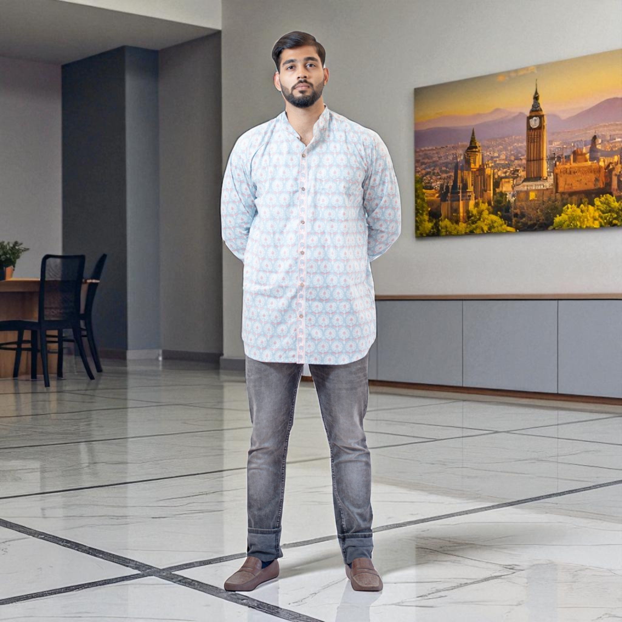 Sky Bloom Handblock Short Kurta