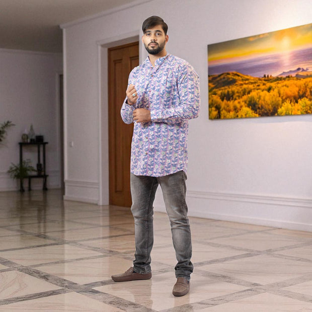 PurpleFloral Handblock Cotton Short Kurta