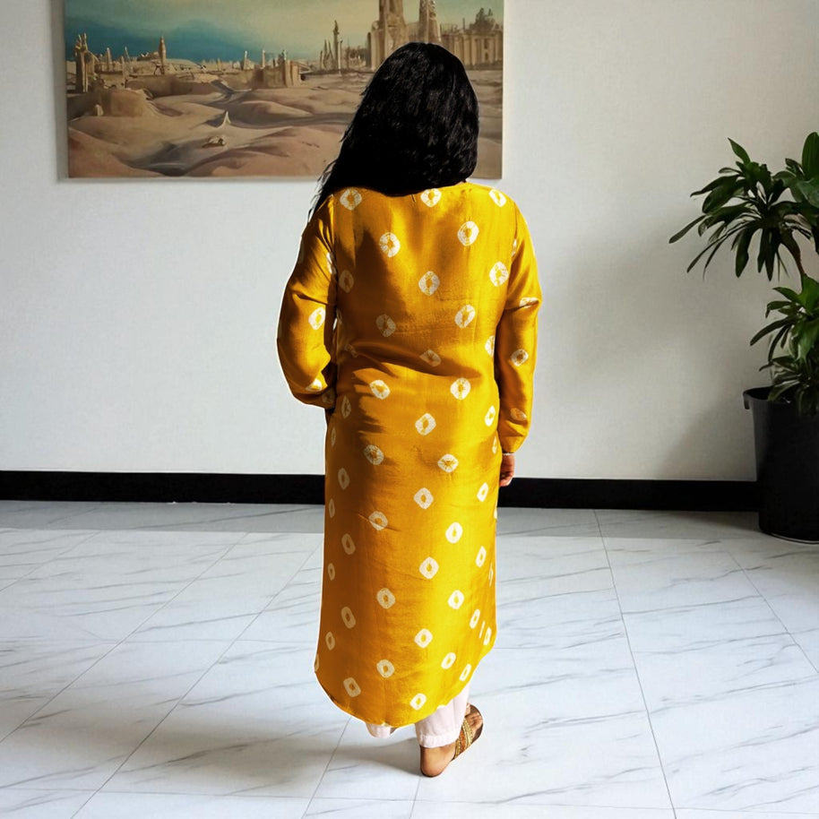 Dark Yellow Bandhej Womens Silk Kurta