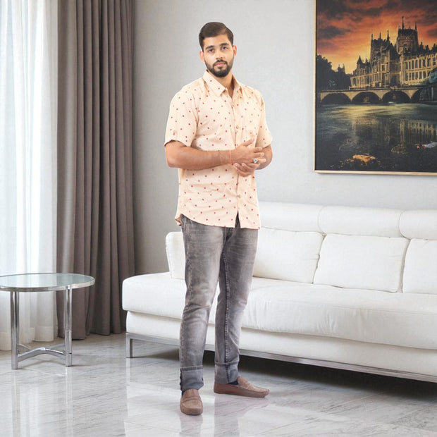 Cream Hand Bandhej-Bandhini Cotton Mens Shirt