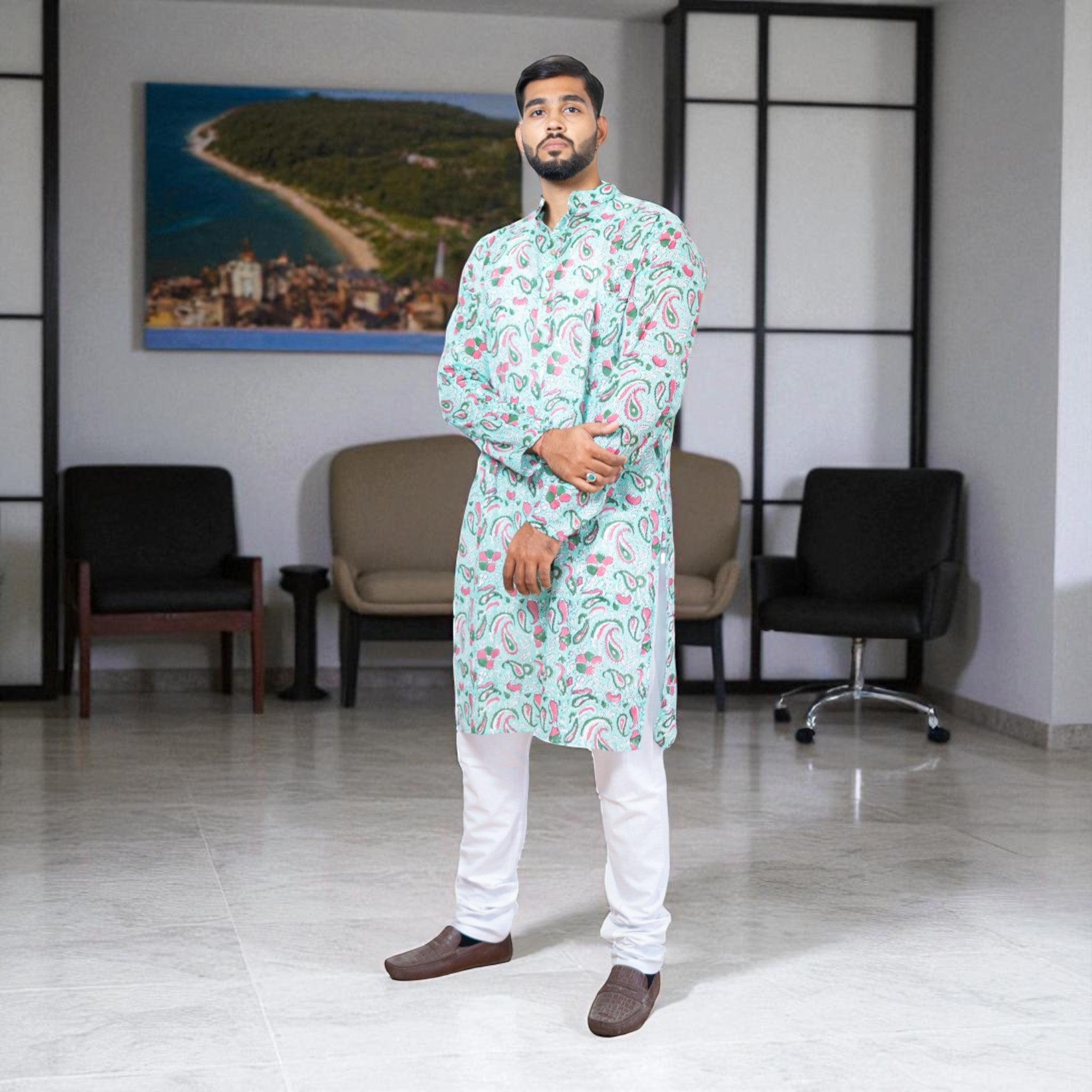 GreenPink Bloom Handblock Cotton Kurta