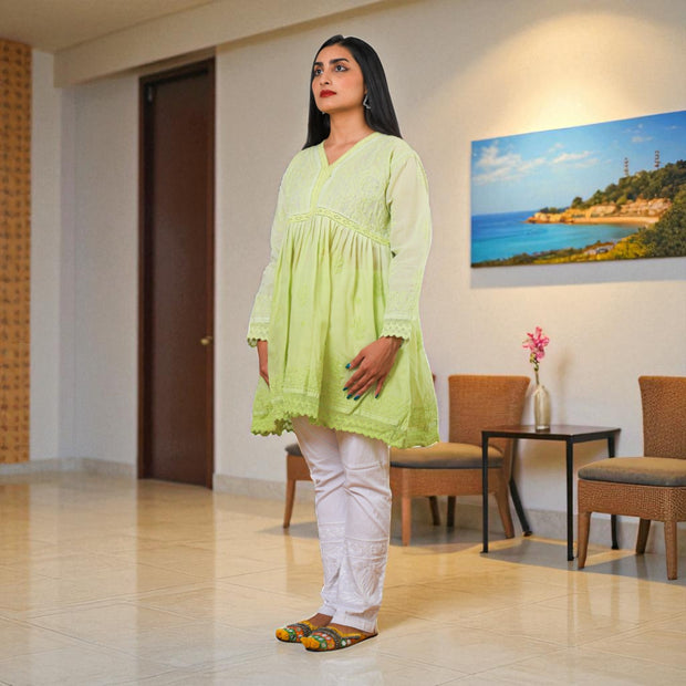 Green Mist Chikankari Cotton Short Kurti
