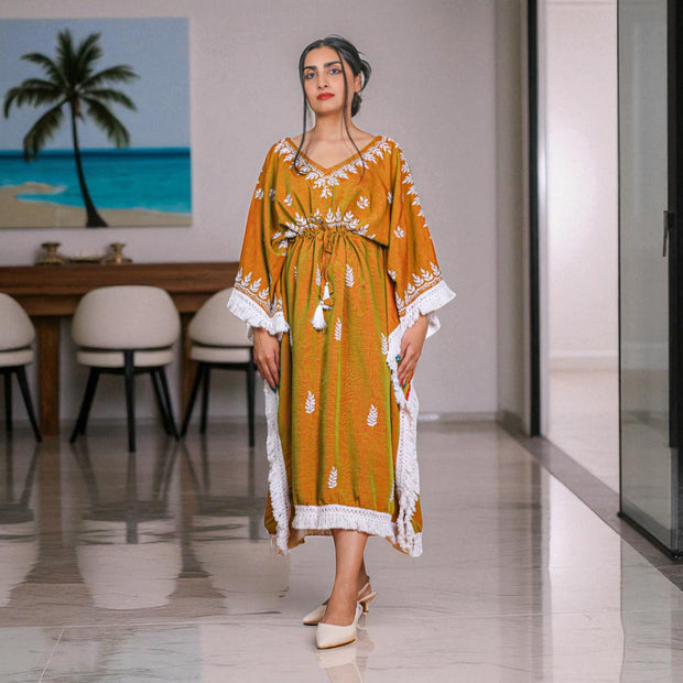 Brown Chikankari Cotton Kaftan