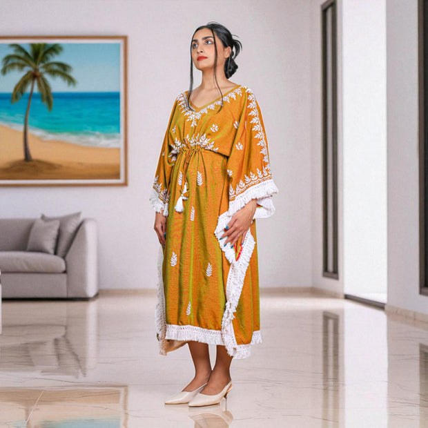 Brown Chikankari Cotton Kaftan