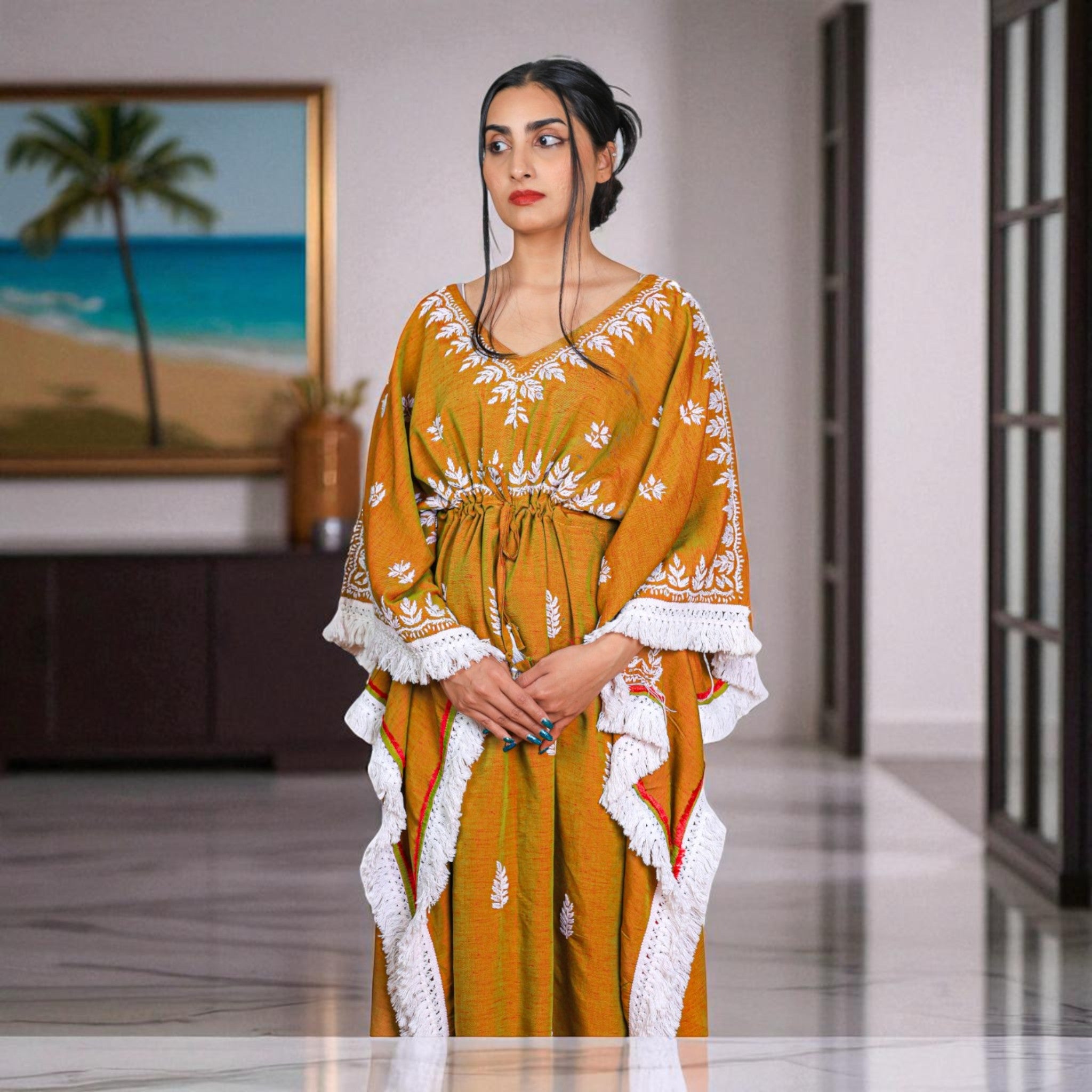 Brown Chikankari Cotton Kaftan