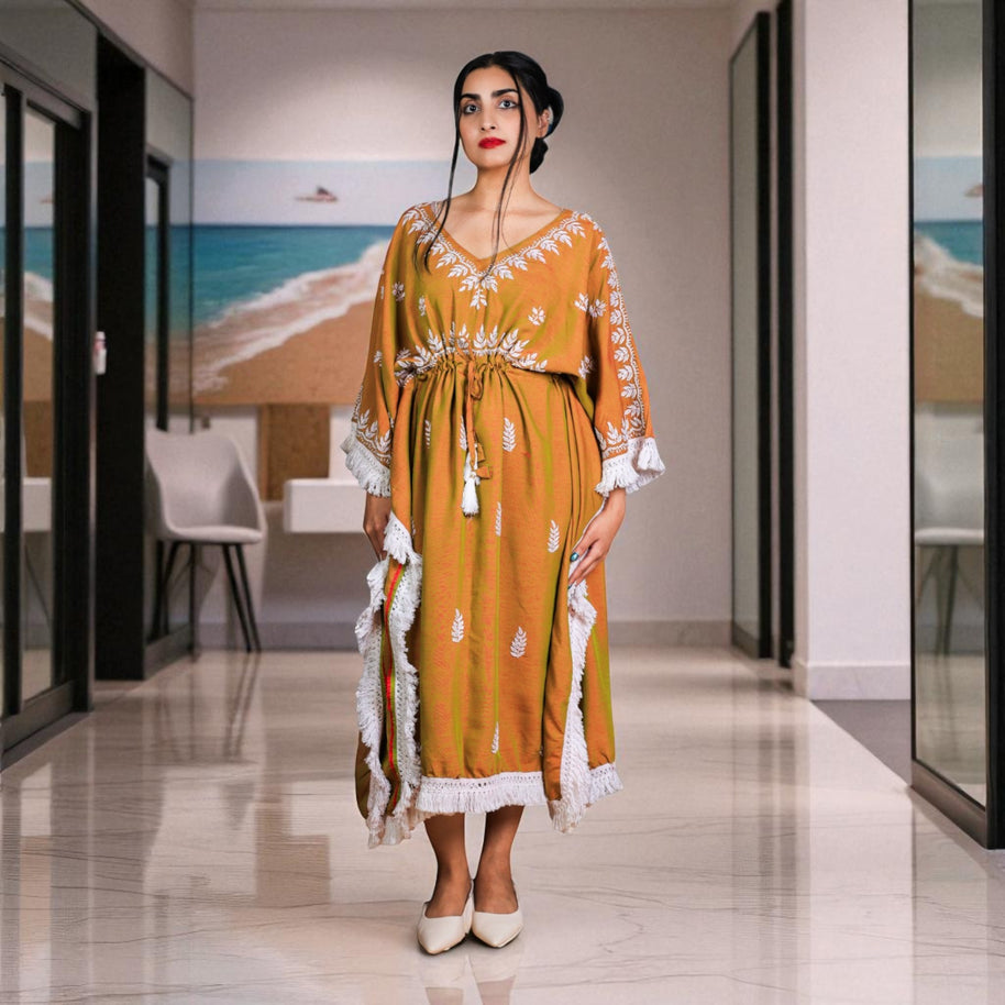 Brown Chikankari Cotton Kaftan