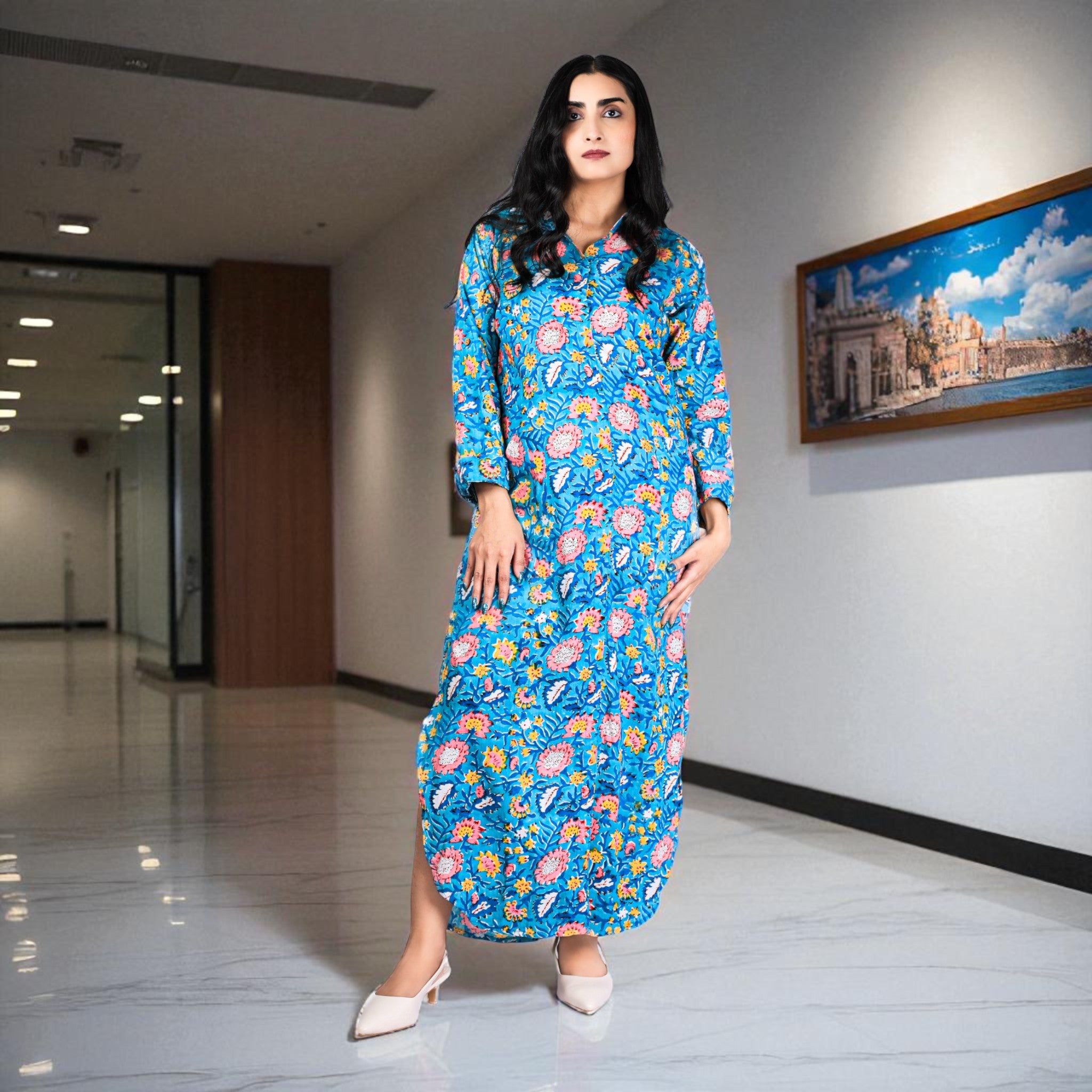 Teal Bloom Cotton Shirt Dress Cotton