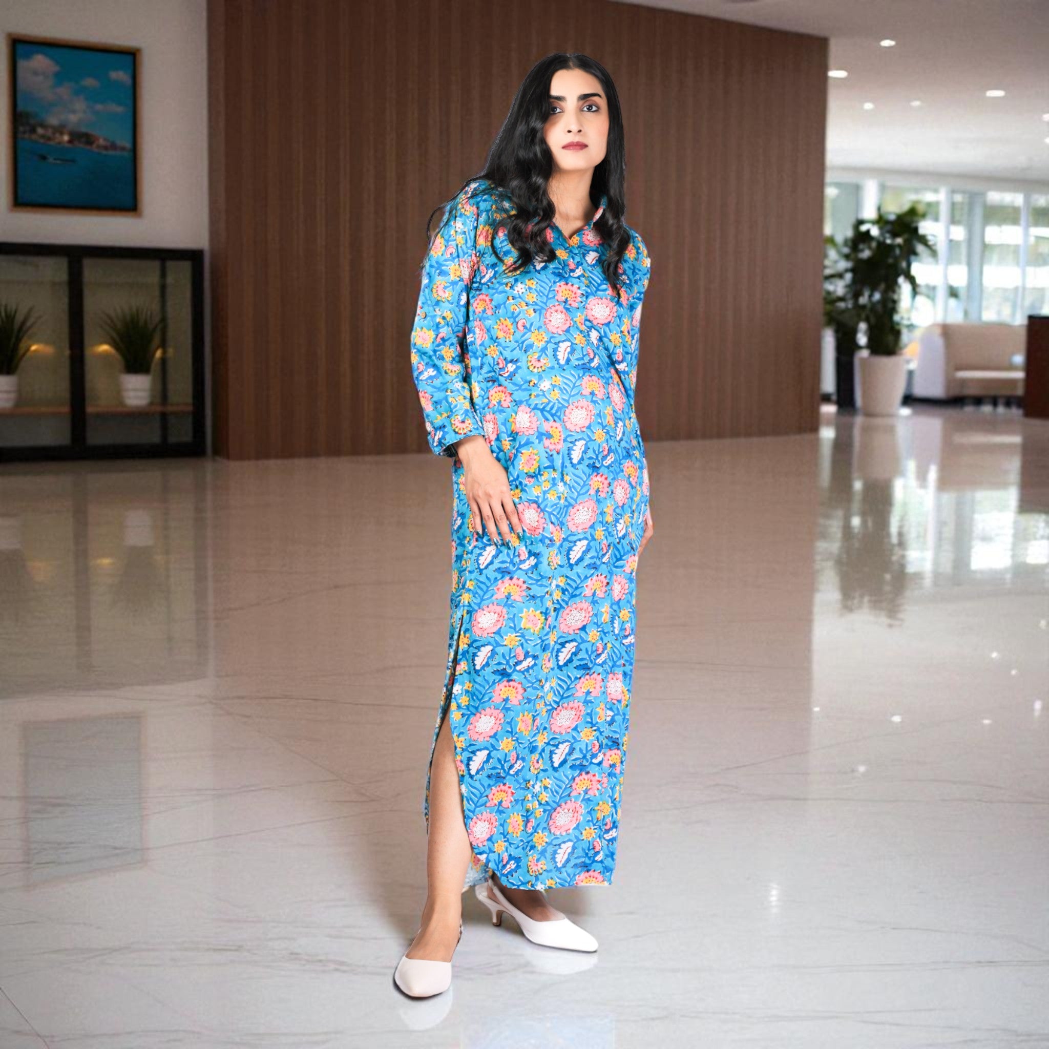 Teal Bloom Cotton Shirt Dress Cotton