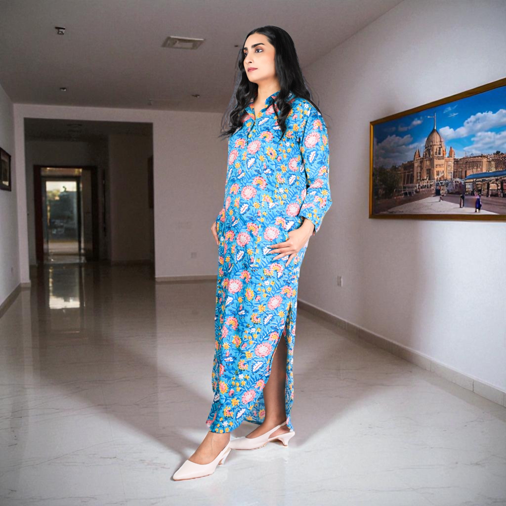 Teal Bloom Cotton Shirt Dress Cotton