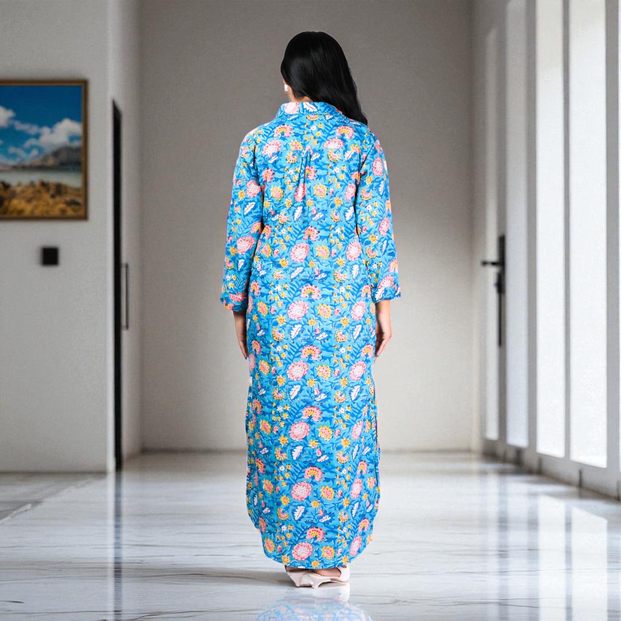 Teal Bloom Cotton Shirt Dress Cotton