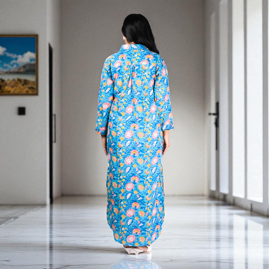 Teal Bloom Cotton Shirt Dress Cotton