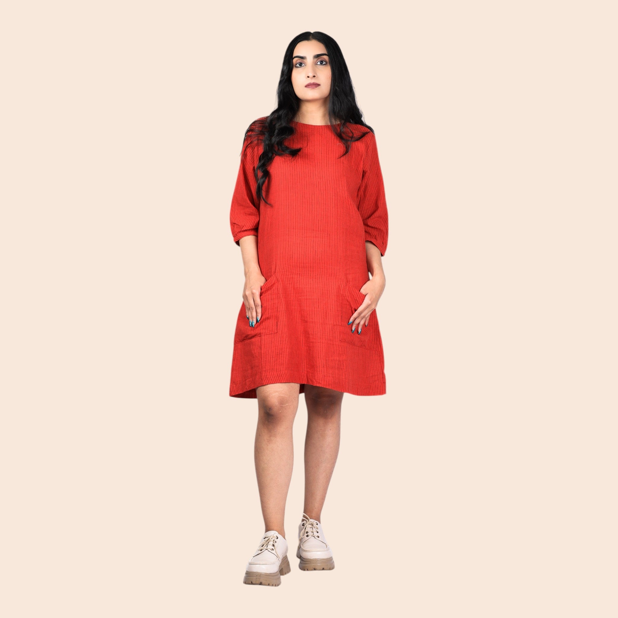 Red Black Stripes Handloom Cotton Shift Dress