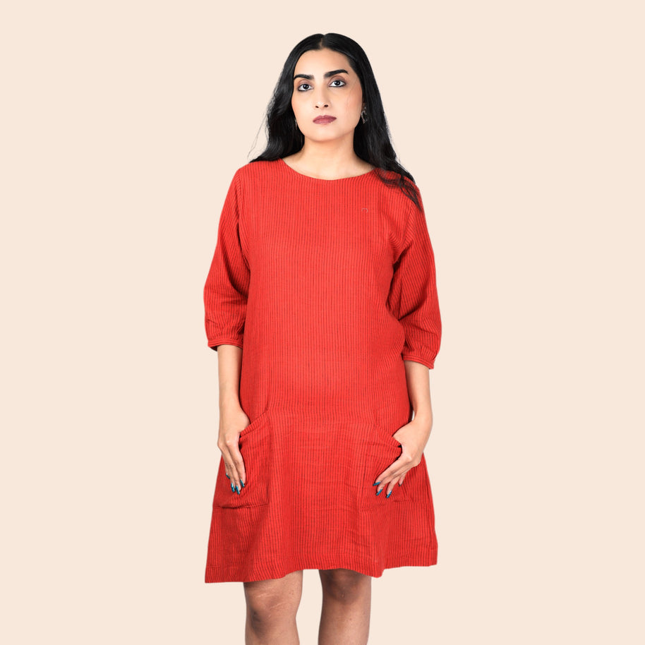Red Black Stripes Handloom Cotton Shift Dress