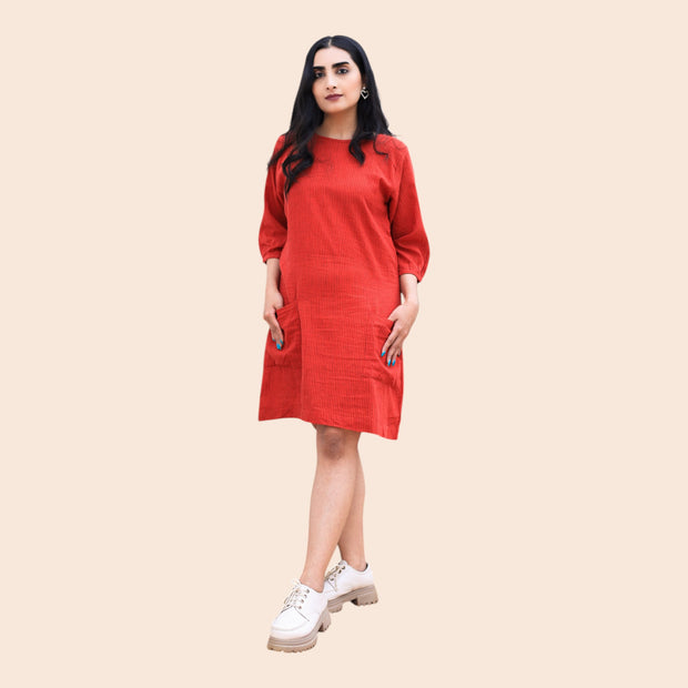 Red Black Stripes Handloom Cotton Shift Dress