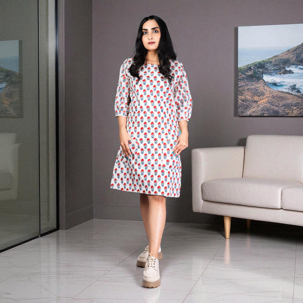 BloomWhite Handblock Cotton Shift Dress