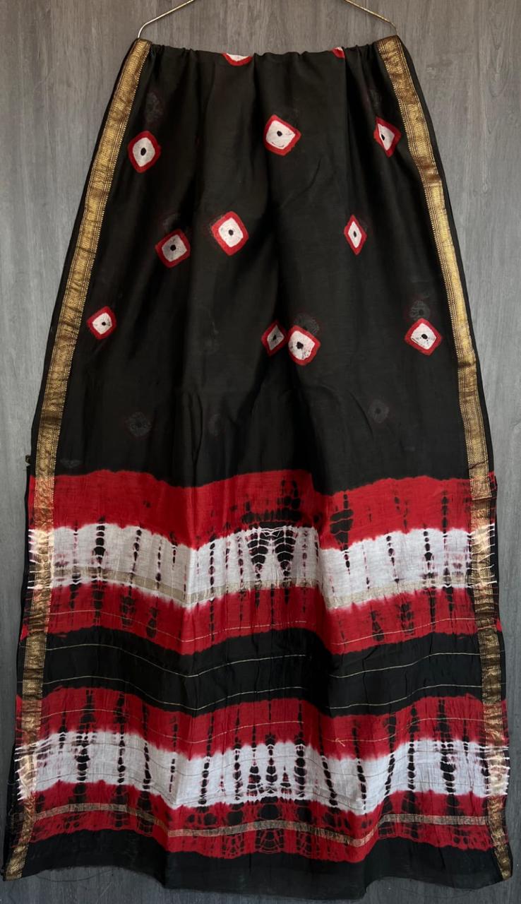 Black Bandhani Tie-Dye Maheshwari Silk Saree