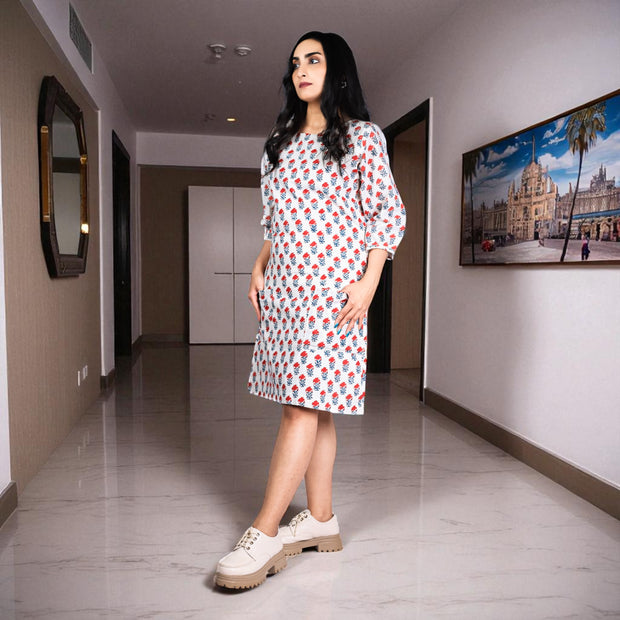 BloomWhite Handblock Cotton Shift Dress