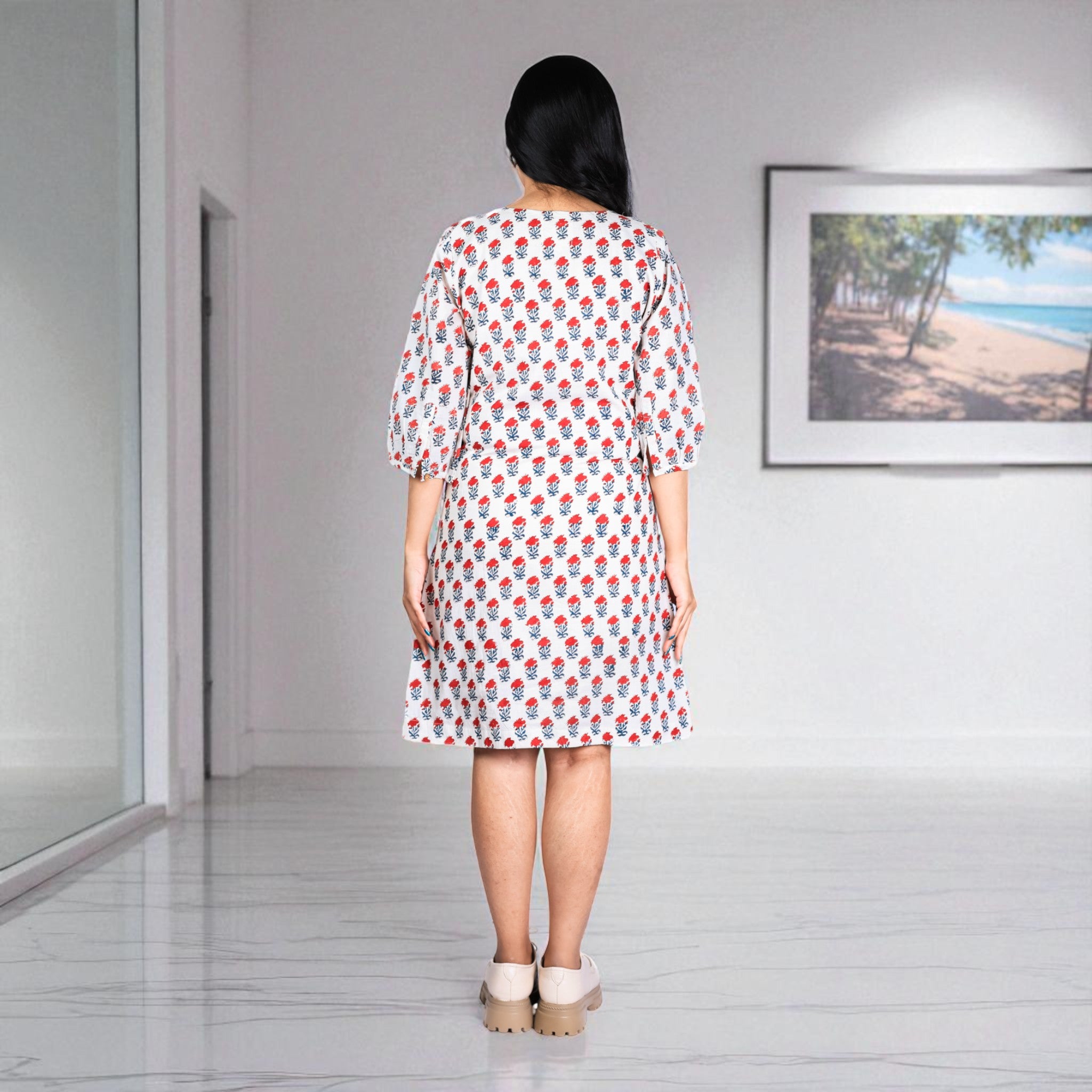 BloomWhite Handblock Cotton Shift Dress