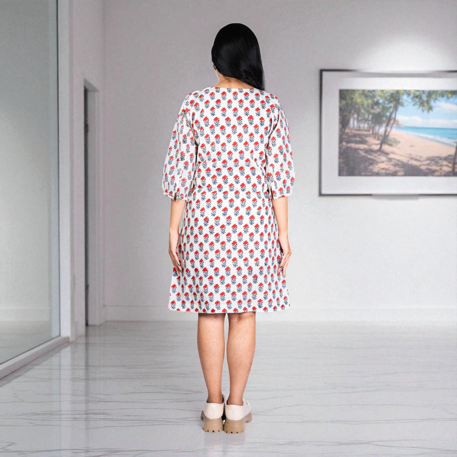 BloomWhite Handblock Cotton Shift Dress