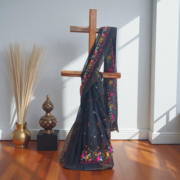 Black Embroidery Kota Cotton Saree