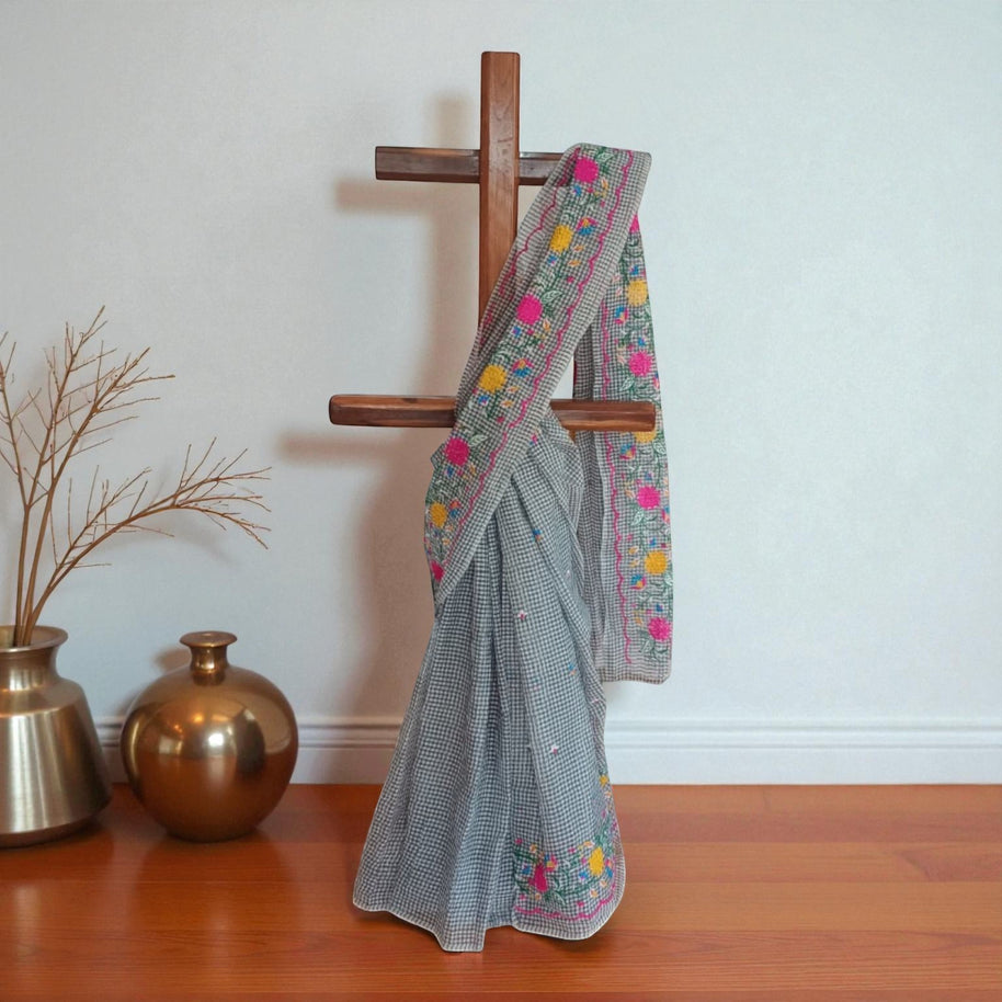 White Black Check Embroidery Kota Cotton Saree