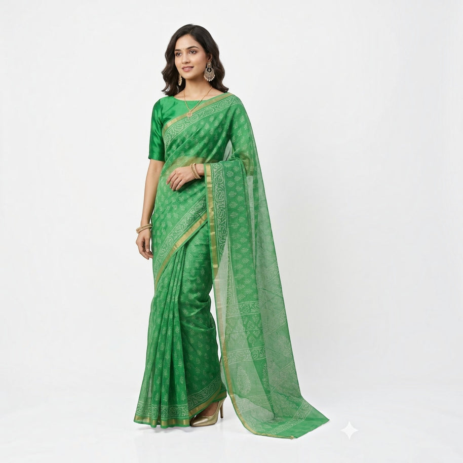 Green Leaf Handblock Kota Cotton Saree
