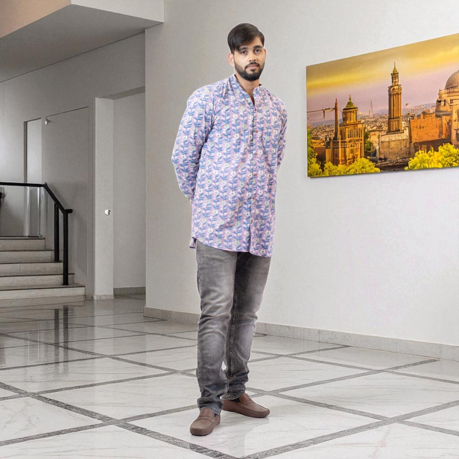 PurpleFloral Handblock Cotton Short Kurta