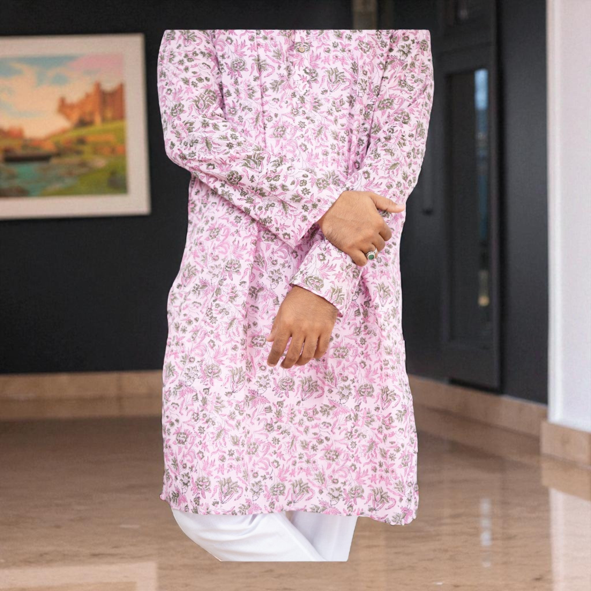PinkFloral Handblock Cotton Kurta