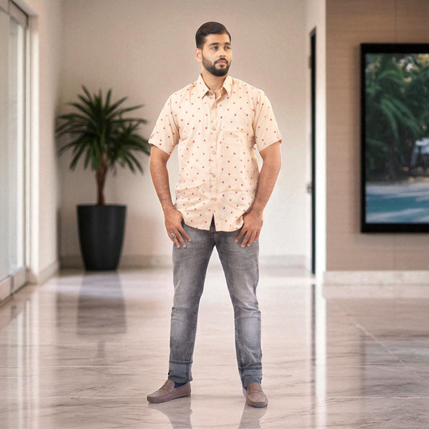 Cream Hand Bandhej-Bandhini Cotton Mens Shirt