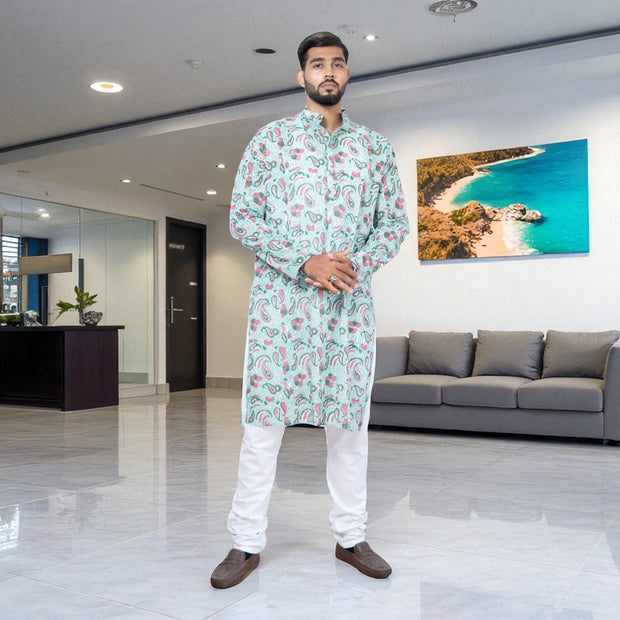 GreenPink Bloom Handblock Cotton Kurta