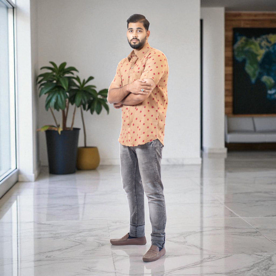 Brown Hand Bandhej-Bandhini Cotton Mens Shirt