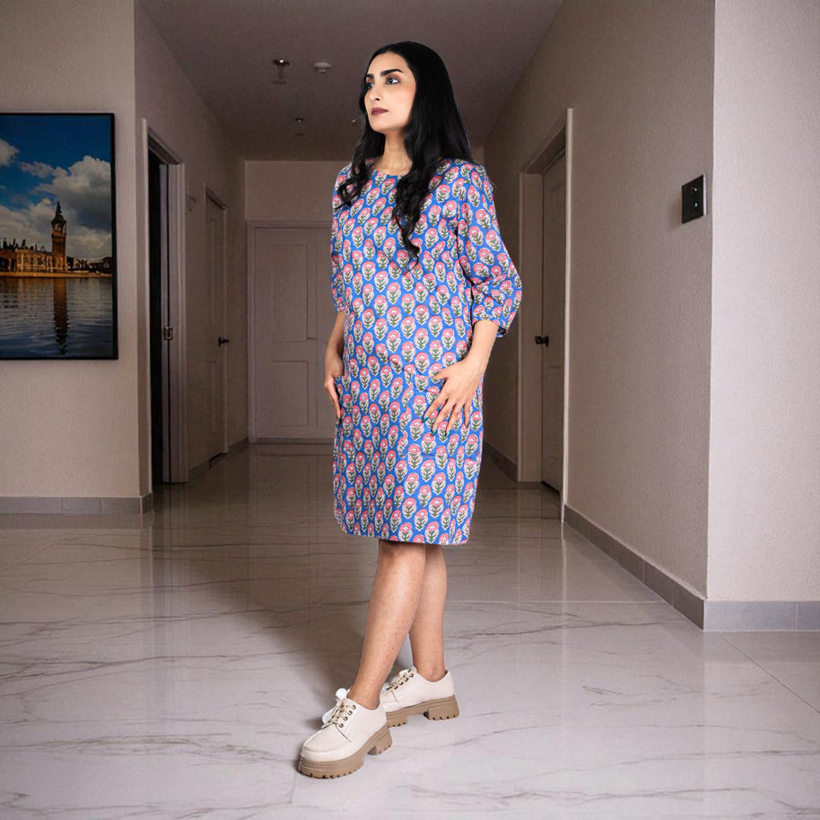 Ocean Blossom Handblock Cotton Shift Dress