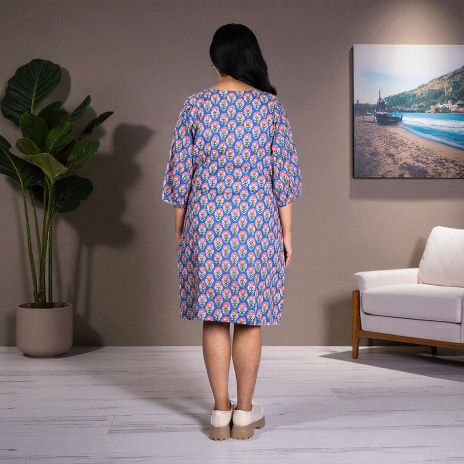 Ocean Blossom Handblock Cotton Shift Dress
