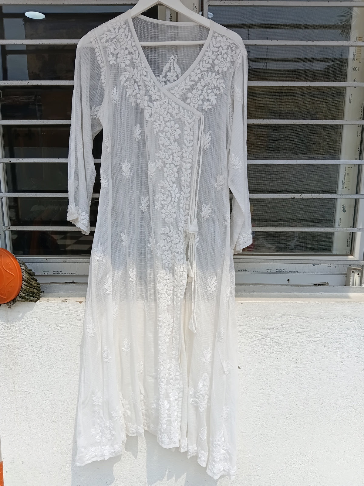 White chikankari Kota Cotton Angrakha Kurta