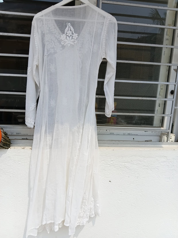 White chikankari Kota Cotton Angrakha Kurta