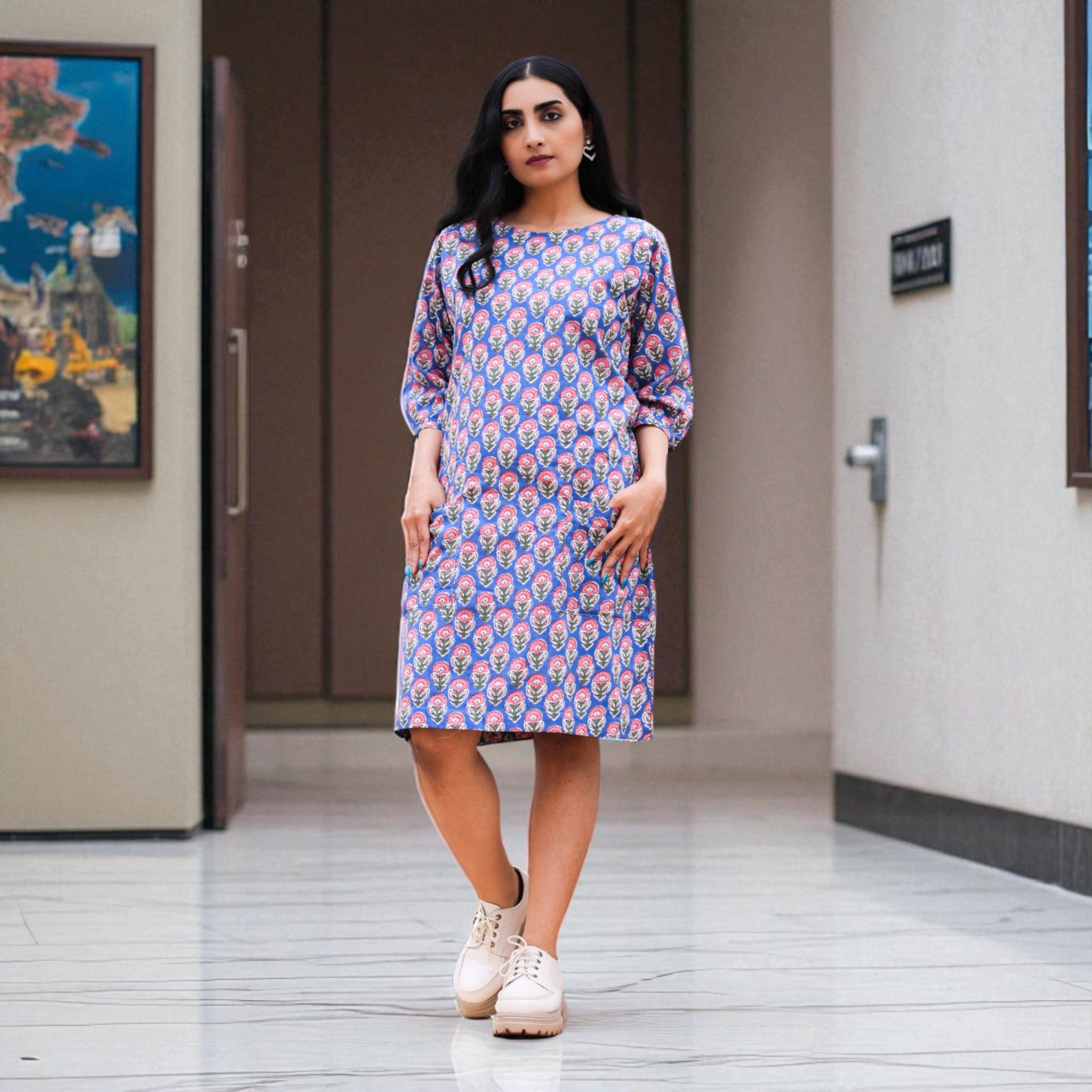 Ocean Blossom Handblock Cotton Shift Dress