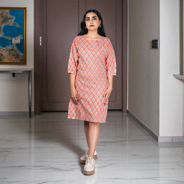 Peach Whisper Handblock Cotton Shift Dress