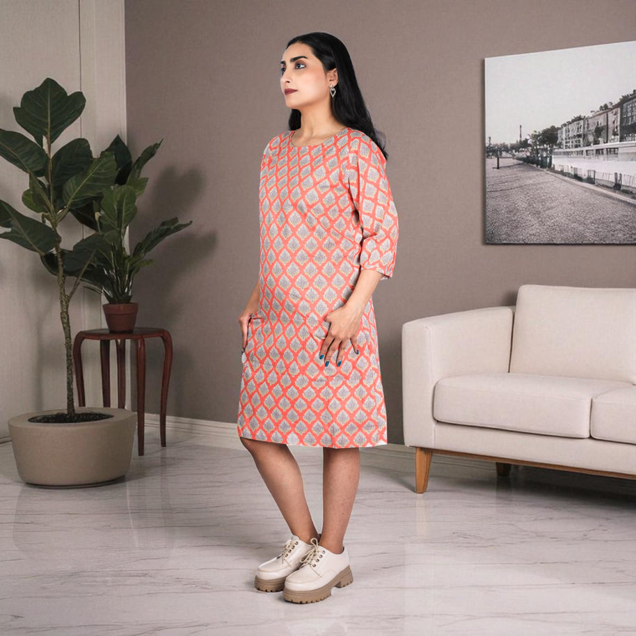 Peach Whisper Handblock Cotton Shift Dress
