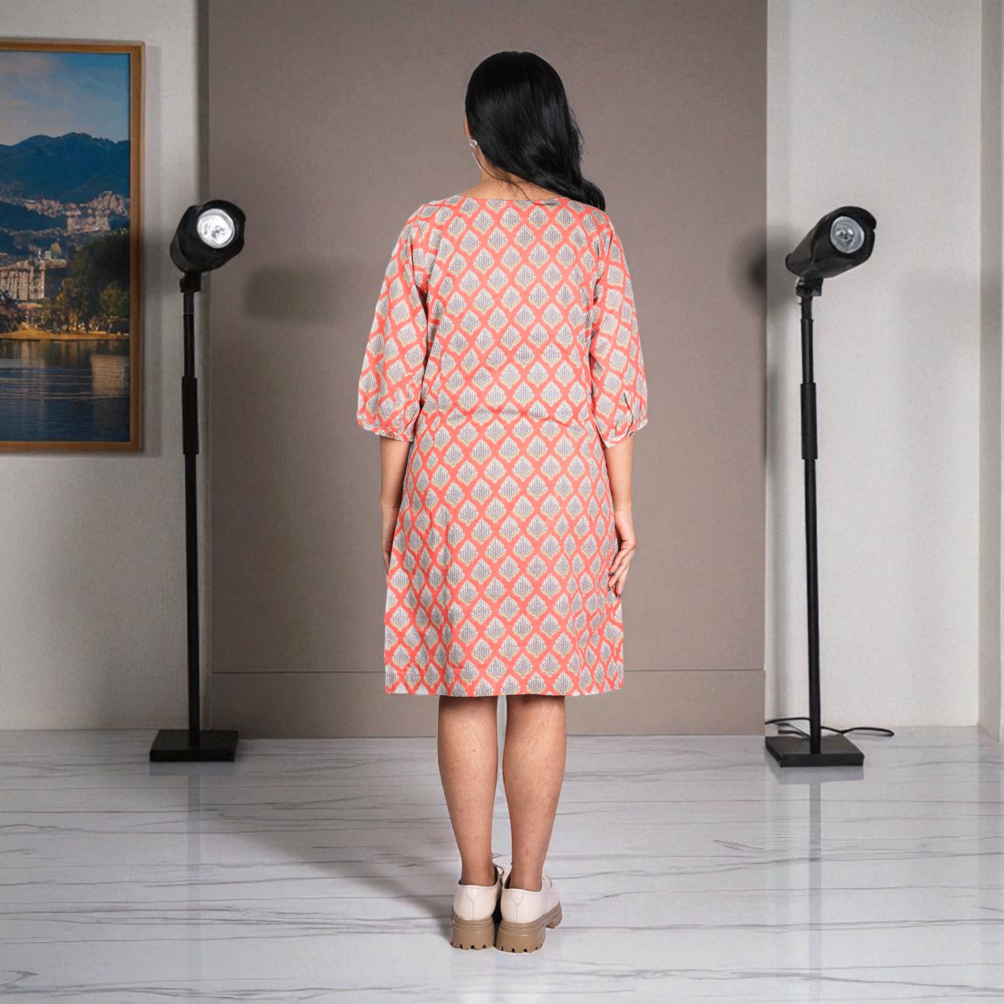 Peach Whisper Handblock Cotton Shift Dress