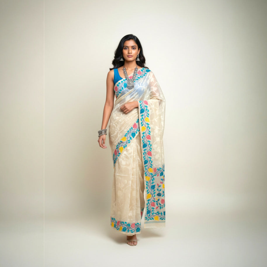 Offwhite Green Floral Silk Saree