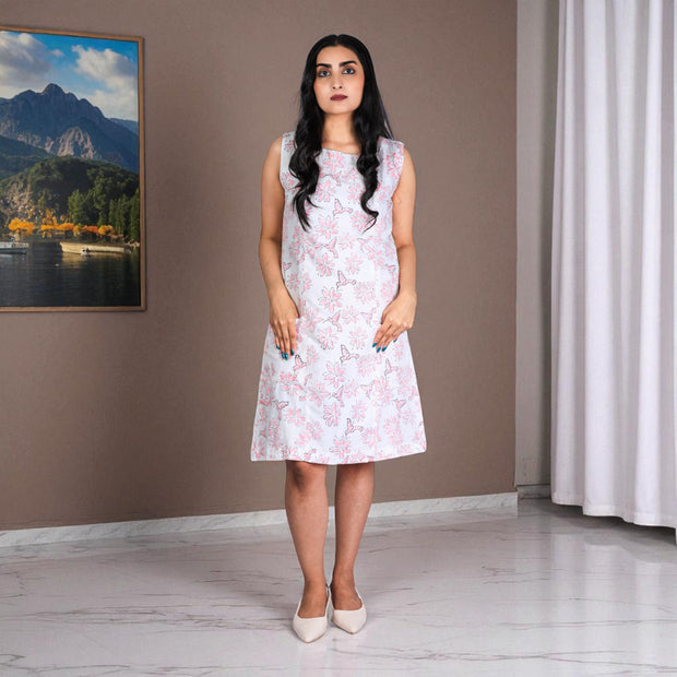 White Bloom Handblock Print Shift Dress