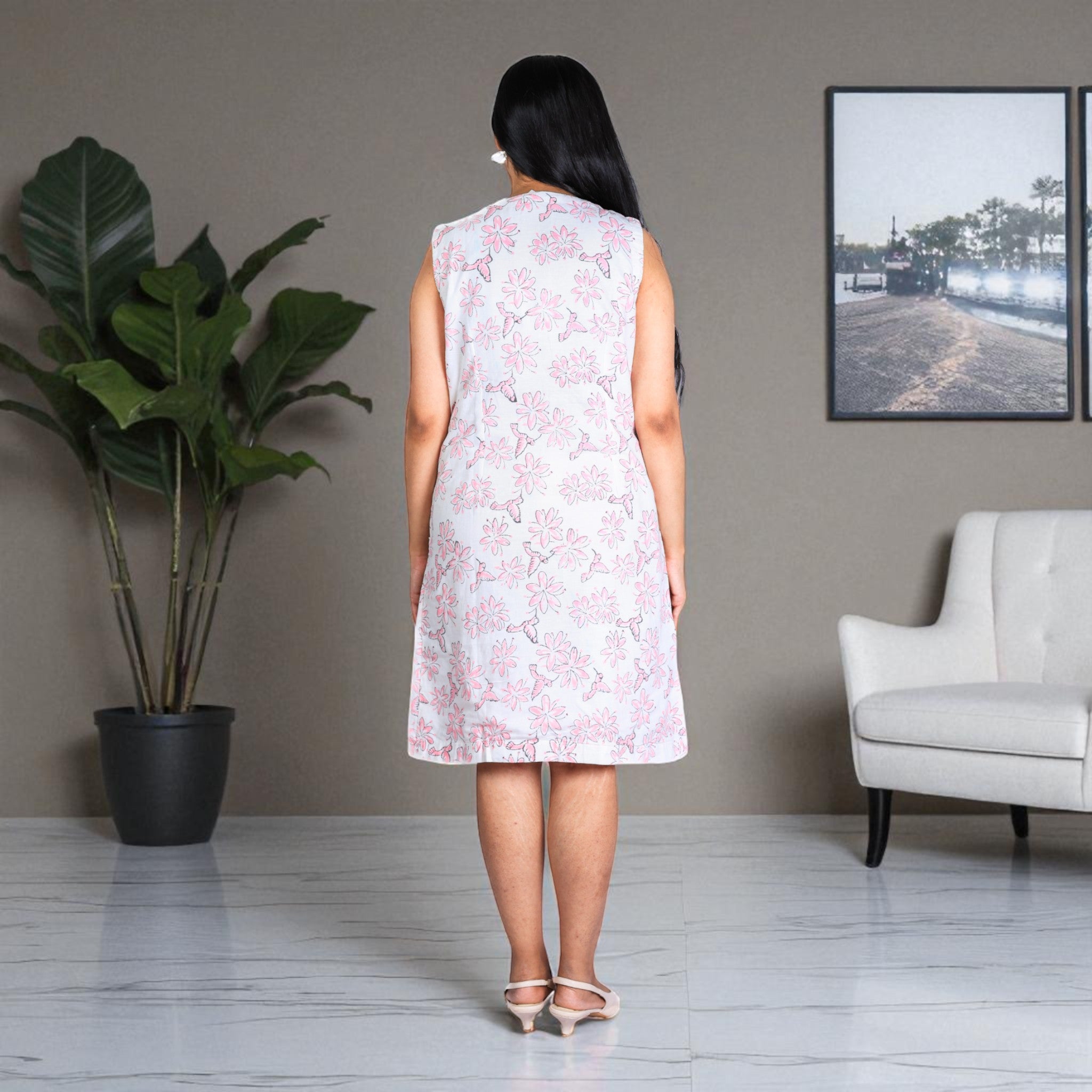 White Bloom Handblock Print Shift Dress