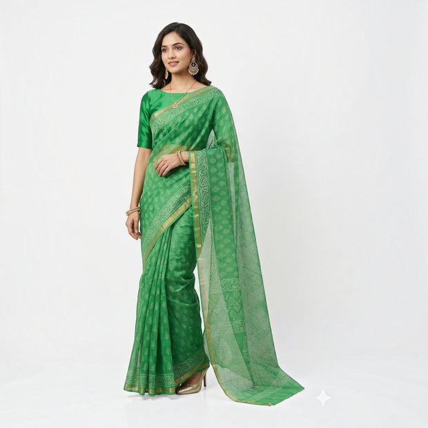 Green Leaf Handblock Kota Cotton Saree