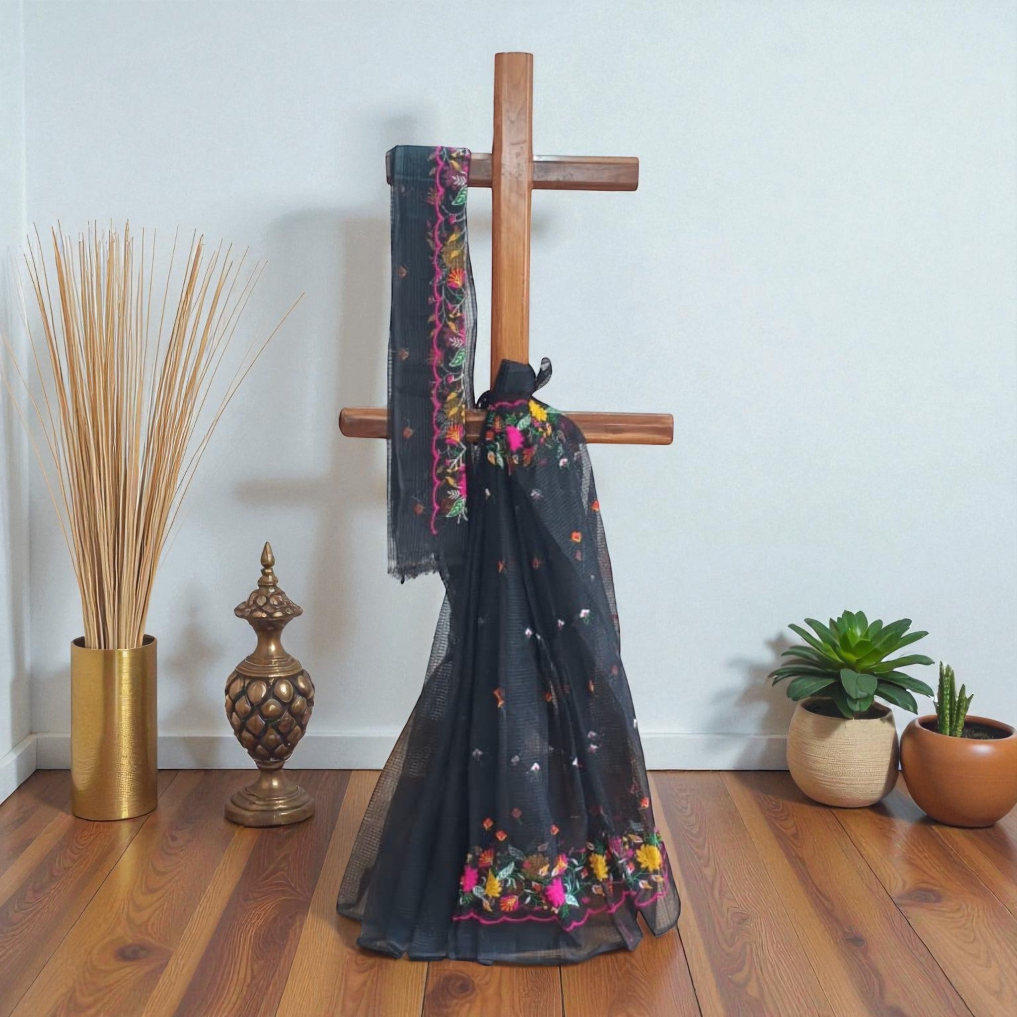Black Embroidery Kota Cotton Saree