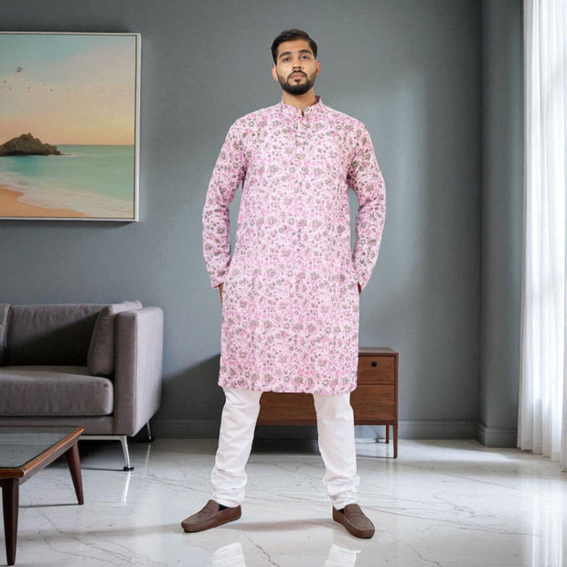 PinkFloral Handblock Cotton Kurta