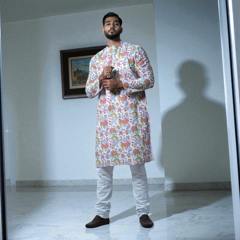 White Handblock Cotton Kurta