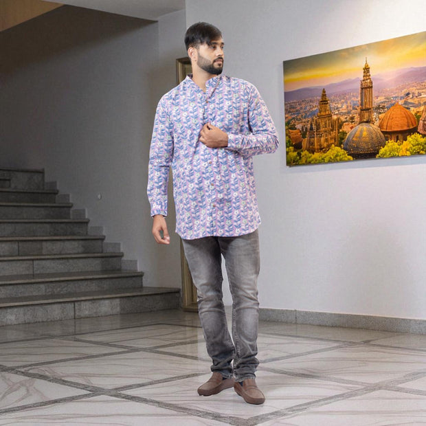 PurpleFloral Handblock Cotton Short Kurta