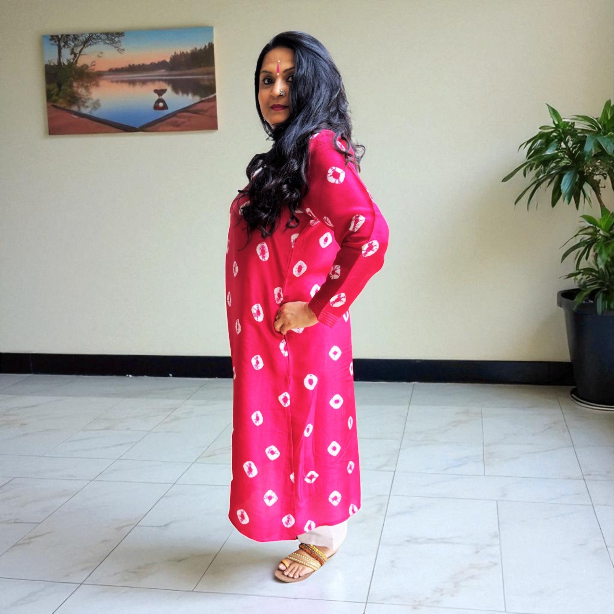 Magenta Pink Bandhej Womens Silk  Kurta